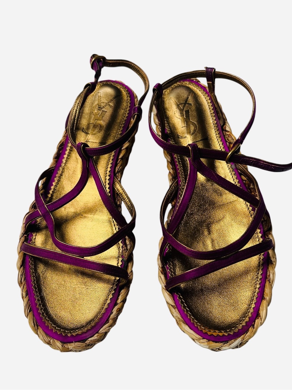 Yves Saint Laurent Gold and Purple Strappy Sandals